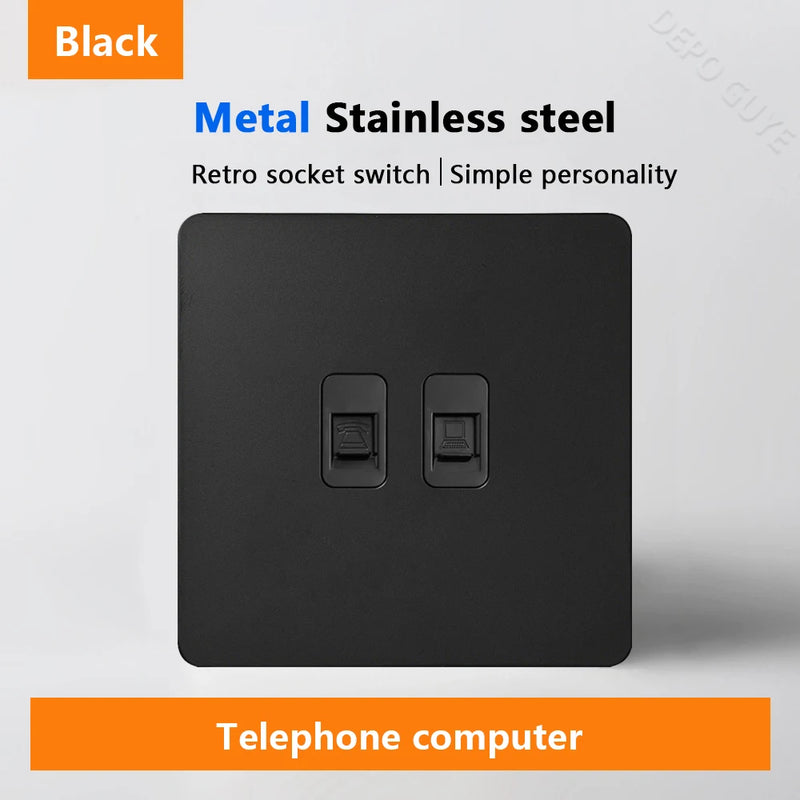 Black Retro Toggle Wall Light Switch Socket,Stainless Steel Universal UK Electrical Outlets with USB Type-C charging For Home