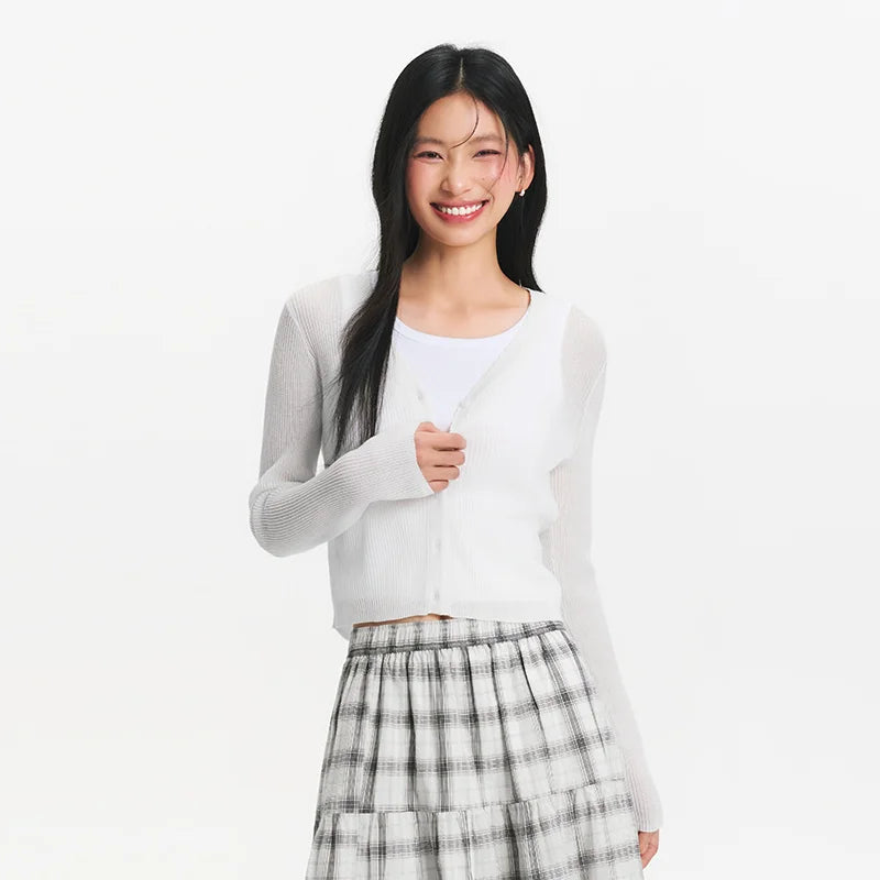 Semir Women Cardigan Short Slim Solid Lace V Neck Regular Shoulder Simple Layered Top 2026 Soft Breathable Fashion Wear