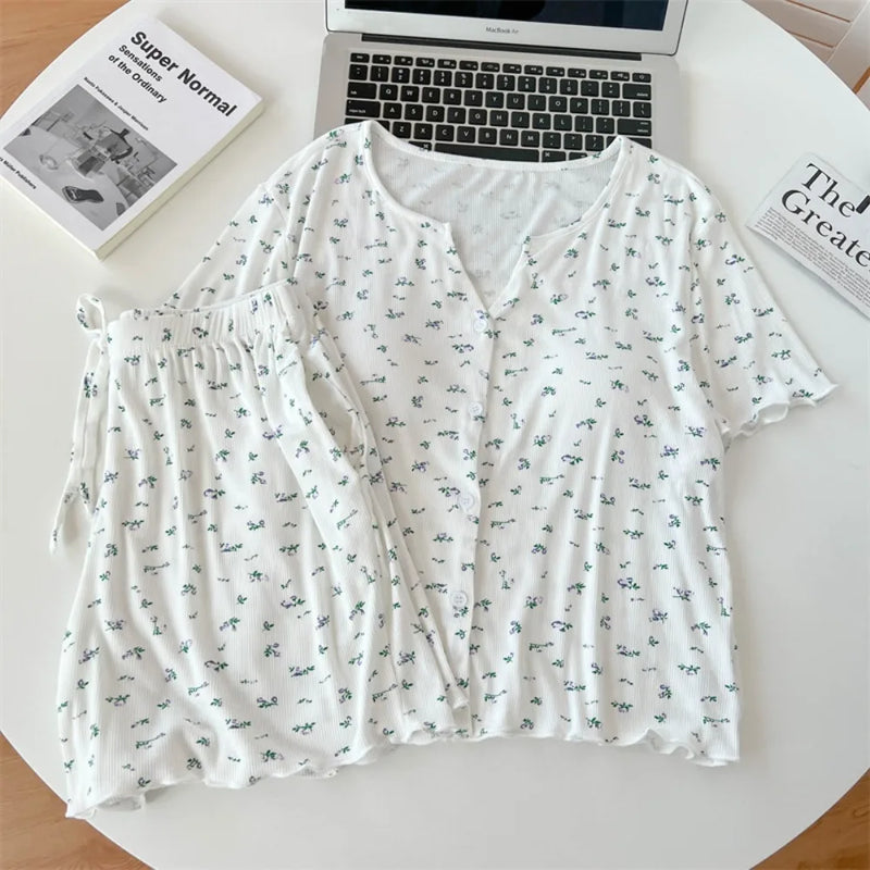 Floral Thin Nightwear 2 Pieces Set for Woman Pajamas Chest Pads Women’s Loungewear Summer Suit Short Sleeve Sleepwear Pyjamas