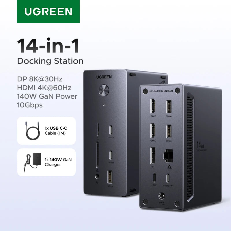 UGREEN 14-in-1 USB HUB Docking Station Type-C to 4K120Hz DP 4K60Hz HDMI SD/TF RJ45 10Gbps USB-A/C PD Charging for WindoLaptop