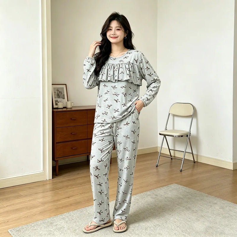 Floral Women's Sleepwear Sets Woman 2 Piece Home Wear Spring Autumn Long Sleeve Pyjama Femme Loungewear Ladies Homewear Pijama