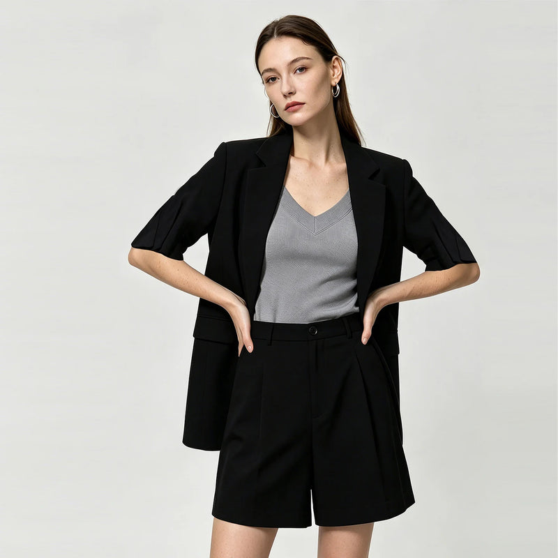 Amii Women's Blazer 2026 Summer New Notch Lapel Linen Blend Pleated Half Sleeve Jacket Casual Office Midi Length Coat 12642184