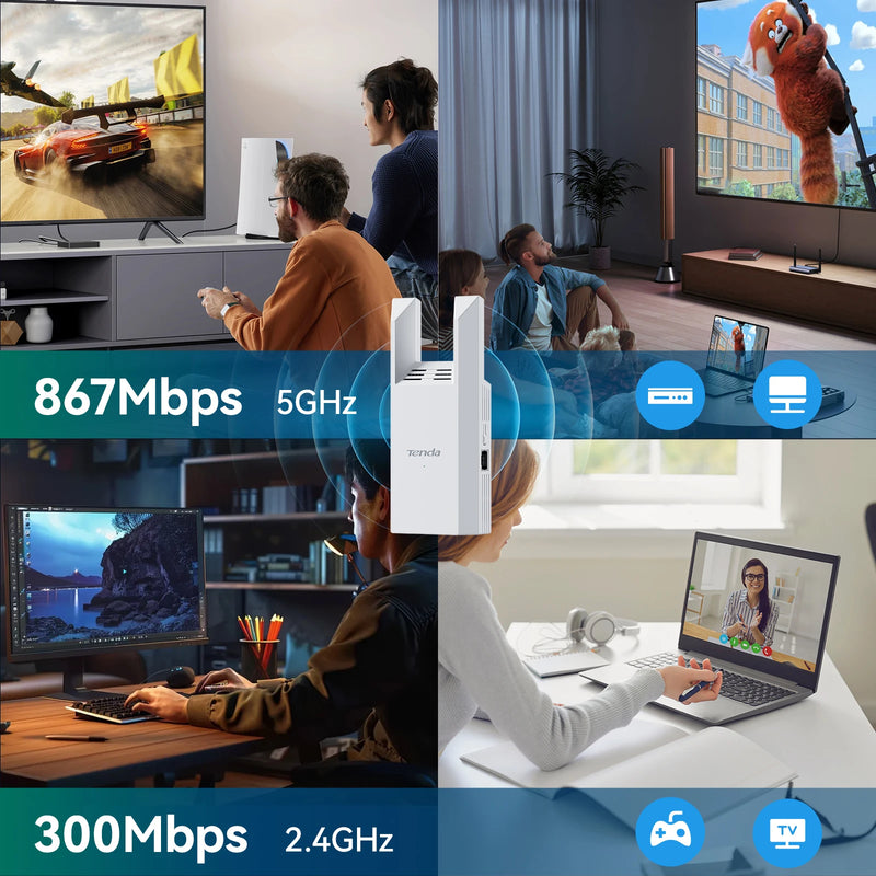 ឧបករណ៍ពង្រីកសញ្ញា WiFi Tenda 1000Mbps Dual Band 2.4G 5G Repeater Network Expander Range Extender WiFi Signal Booster Wireless Router