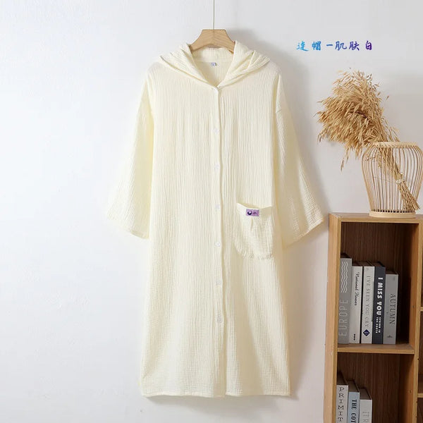 100% Cotton Loose Cardigan Dress Buttons Hooded Long Sleeved Nightgowns Female Home Wear Nightshirt Lounge Women Nightdress