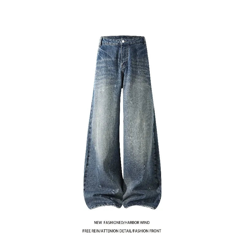Men's Trendy Curved Hem Jeans – Unique Arc Shape Denim Pants with Splatter Paint Detail, Casual Loose Fit Streetwear (Blue)