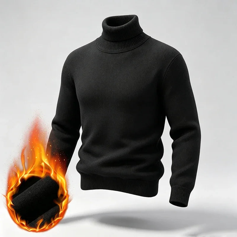 Men Fleece Lined Turtleneck Knit Sweater Ribbed Cuff Thermal Pullover For Winter Urban Daily Commute And Street Casual Outfits
