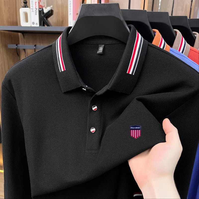 Man 100% Cotton Long-Sleeved Polo Shirt Lapel Button Exquisite Pattern Embroidery Autumn Snug Leisure Versatile Men's Polo Shirt