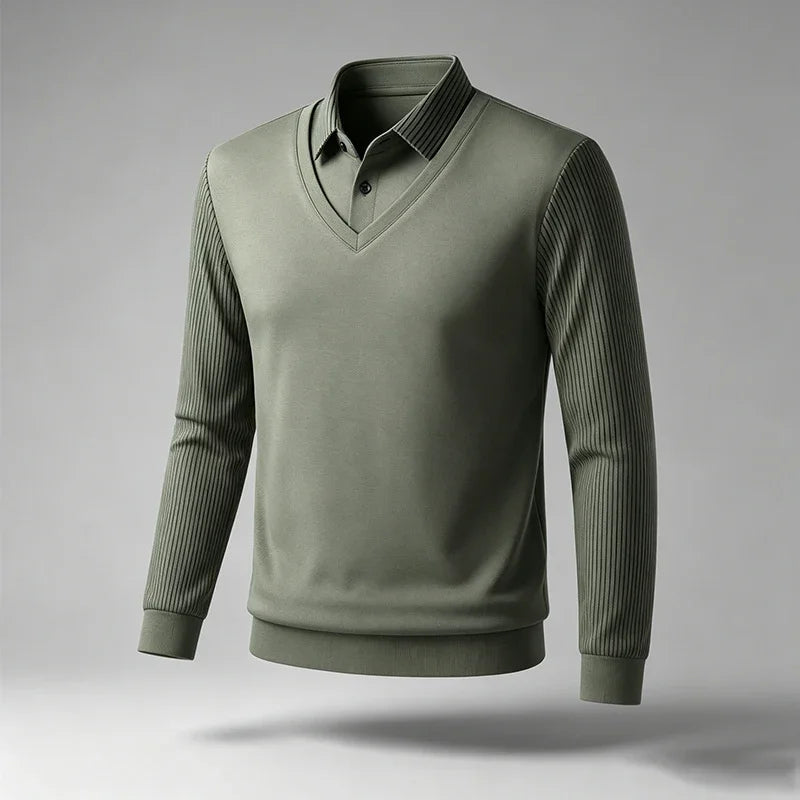 Men Fake Two Piece Long Sleeve Top V Neck Ribbed Sleeve Shirt Collar For Business Office Daily Commute Casual Outfits