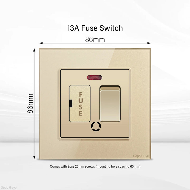 Gold UK 13A Tempered Glass Dual Socket,Universal Power Outlet With USB Type C 18W Quick Charge,Home Light Electric Switch Panel