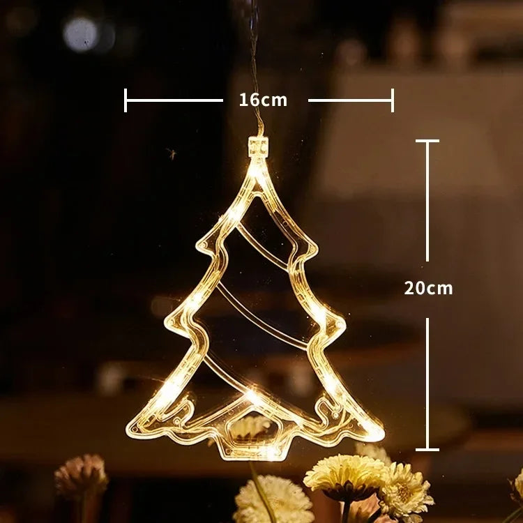 Christmas Window Lights Decor Battery Powered Hanging WarmWhite Light Tree Star Bells Shaped LED Sucker for Xmas Fireplace Decor