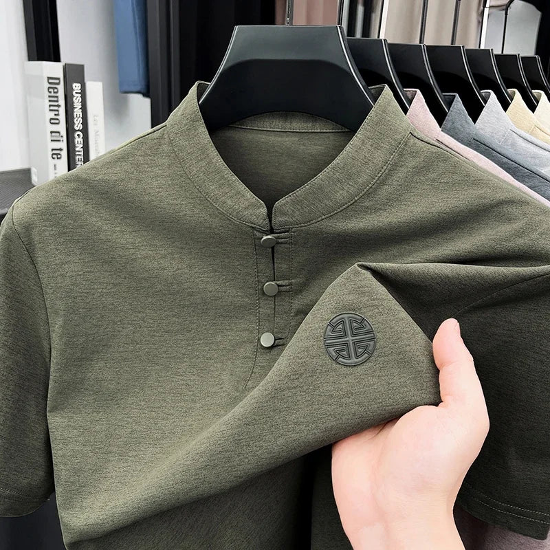 Mens Casual Short Sleeve Henley Shirt Mandarin Collar Frog Button Chinese Style Embroidered Summer Top