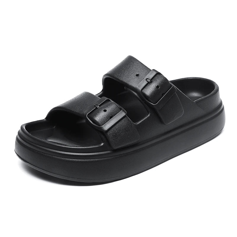 Pure White Womens Slippers Double Buckle Slide Sandals Thick Soles Height Increase 4.5cm Summer Flat Rubber Slides Soft Comfort