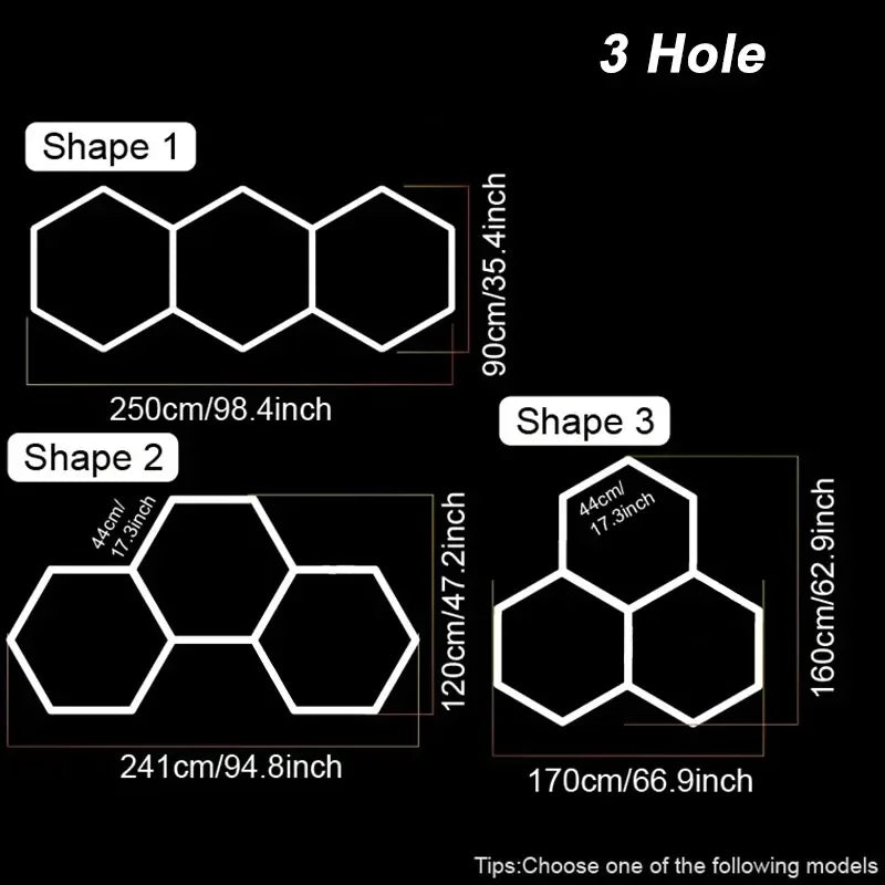 ភ្លើង LED Hexagon សម្រាប់យានដ្ឋាន មានរបៀបពន្លឺ 3 ភ្លើង LED Hexagon សម្រាប់តុបតែងរថយន្ត ហាងកាត់សក់ បន្ទប់ក្រោមដី ហាងកែសម្ផស្ស និងកន្លែងហាត់ប្រាណ