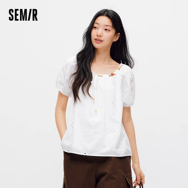 អាវ Semir សម្រាប់នារី ក រាងការ៉េ ដៃអាវប៉ោង ពណ៌ស បែបបារាំង គួរឲ្យស្រលាញ់ អាវធម្មតា រដូវក្ដៅ ឆ្នាំ២០២៦