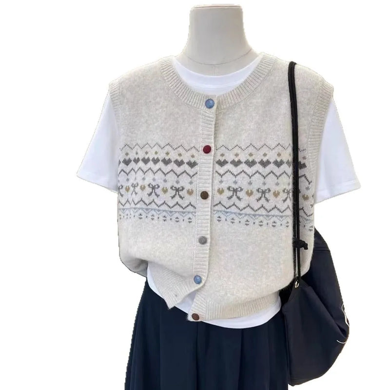Retro Jacquard Knitted Cardigan Vest Women's Spring Autumn Round Neck Lazy Wind Casual Stacked Top Sleeveless Knitwear Sweater