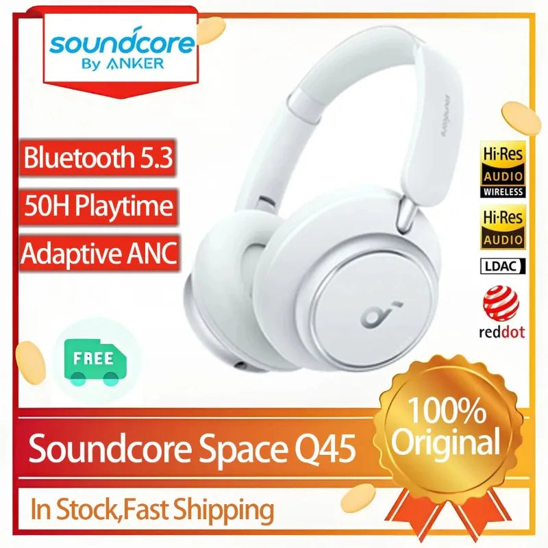 កាសស្តាប់ត្រចៀកឥតខ្សែ Soundcore Original Space Q45 ប៊្លូធូសឥតខ្សែ ANC កាសស្តាប់ត្រចៀក LDAC HiRes ដែលអាចកាត់បន្ថយសំឡេងរំខានបាន 50 ម៉ោង