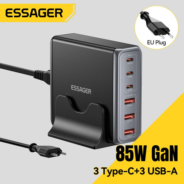ឆ្នាំងសាក Essager 85W GaN 6 រន្ធ USB ប្រភេទ C ឆ្នាំងសាកលើតុ PD ស្ថានីយសាកថ្មលឿនសម្រាប់ iPhone 17/16/15 Samsung S24 កុំព្យូទ័រយួរដៃ iPad