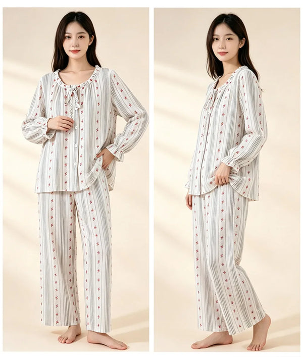 100% Cotton Women's Pajama Set Home Wear Floral Long Sleeve Loungewear Sleepwear Ladies Pijama 2 Pieces Set Night Wear Female