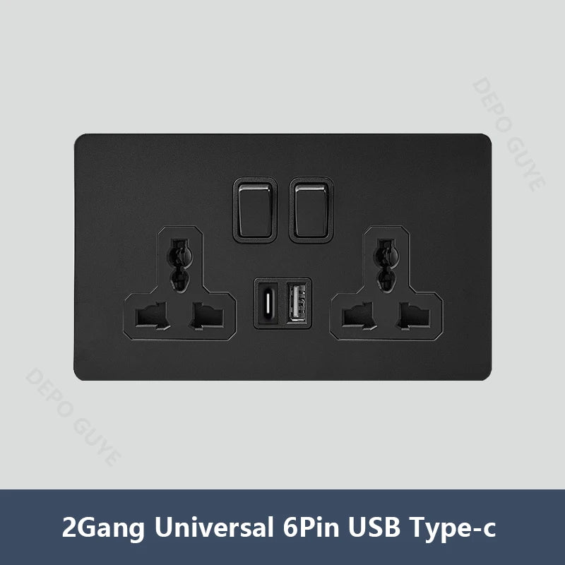 Black Vintage Toggle EU FR Lamp Switch Socket,Retro Brass Lever Light Switch Univeral Stainless Steel Dual Wall Socket With USB