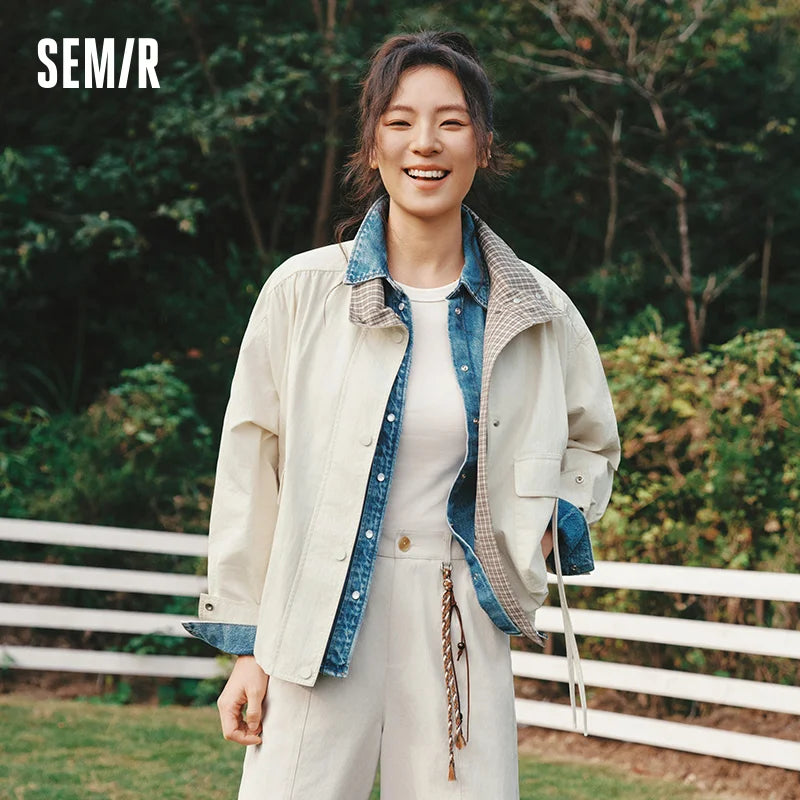 Semir Retro Jacket Women 2026 Spring Plaid Spliced Oversize Bud Shape Casual Relaxed Fit Stylish Loose Outerwear