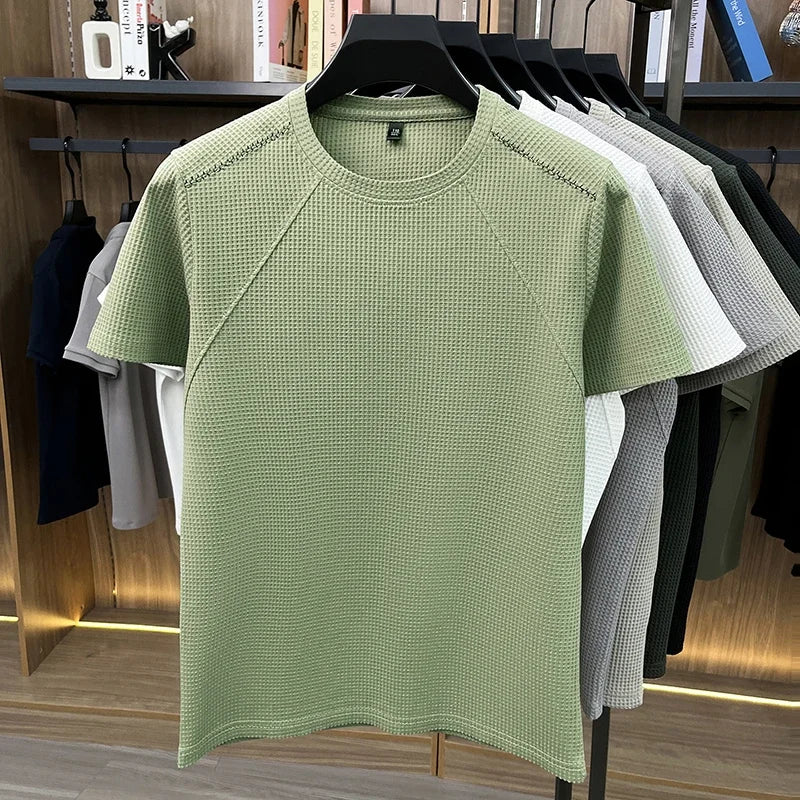 Men Waffle Knit Short Sleeve Crew Neck T Shirt Casual Lightweight Breathable Soft Top For Daily Use
