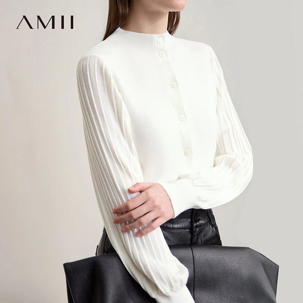 AMII Women's Cardigan Minimalist Half High Collar Cardigans Lady 2026 Autumn New Long Sleeves Slim-fit Female Sweater 12523097