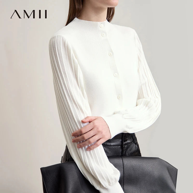 AMII Women's Cardigan Minimalist Half High Collar Cardigans Lady 2026 Autumn New Long Sleeves Slim-fit Female Sweater 12523097