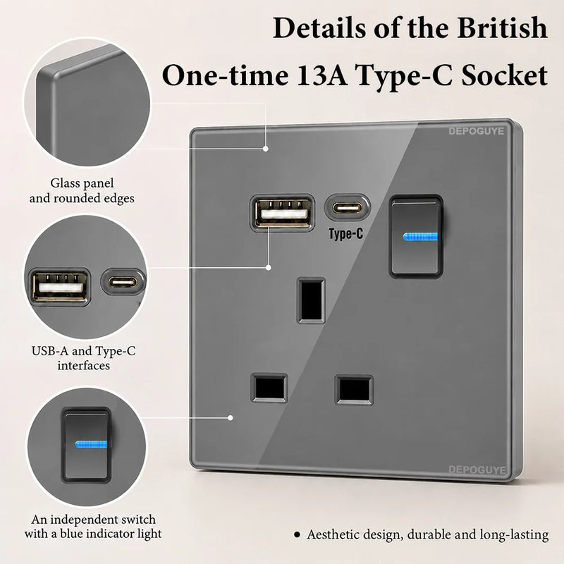 Grey Tempered Glass UK Standard 13A Wall Switch Socket with LED USB Type-C TV CAT6 Data Outlet British Electrical Wall Panel