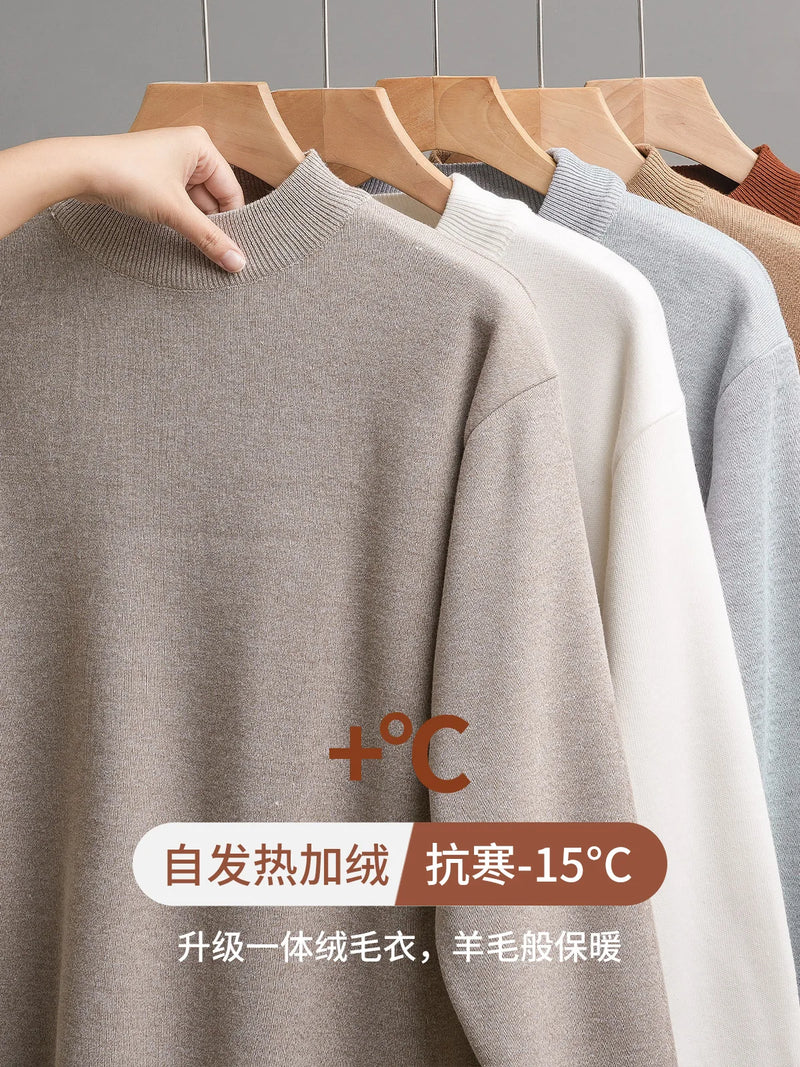 DUKEEN Men's Mock Neck Sweaters Winter Fleece-Lined Thick Warm Pullovers Solid Color Crew Neck Sweater Knitwear