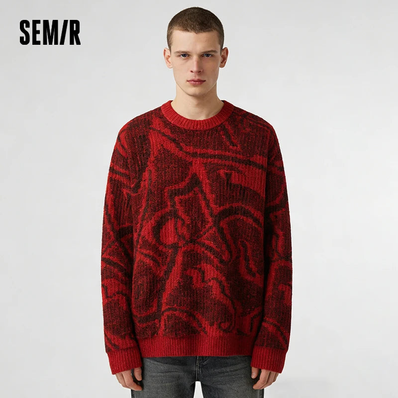 Semir Men Sweater 2026 New Red Double Sided Wear Horse Line Art Jacquard Full Print Crew Neck Knitwear Tops