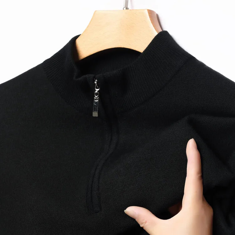 Autumn & Winter Men's Long-Sleeved Sweater,  Half Turtleneck Pullover Wool-like Business Casual Top, Half Zip Pullover