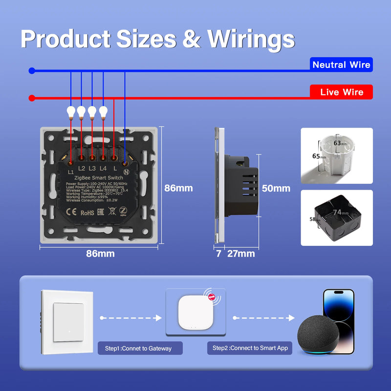 BSEED 1/2/3/4Gang Zigbee Smart Click Button Switch With EU Socket Glass Panel White LED Indicator Tuya Smart Life Alexa Control