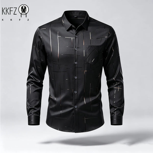 Male Spring Autumn Long Sleeve Shirts Lapel Style Wrinkle Free Fabric Geometric Line Print Chest Pocket Button Shirts