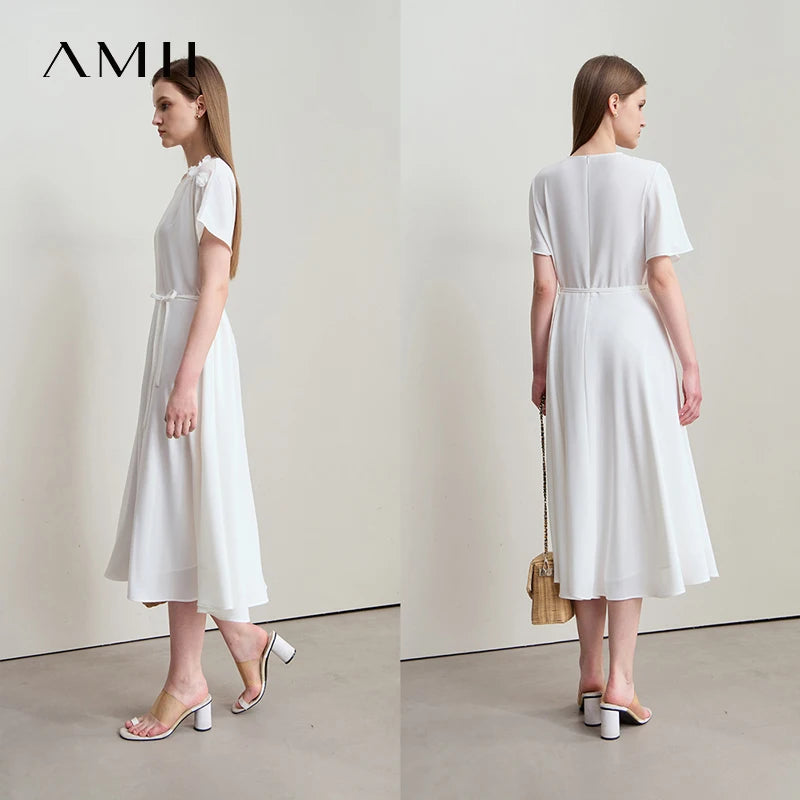 Amii Minimalist Casual Dress 2026 Summer New Women Office Lady Short Sleeve Belt Cubic Flower Loose Chiffon Midi Dress 12512030