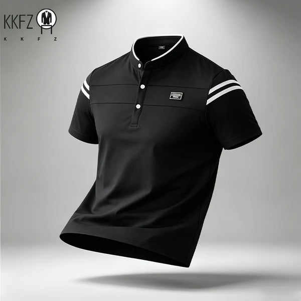 Mens Basic Stand Collar Short Sleeve Polo Top Sleeve Stripes Suitable For Vacation Short Trip And Multiple Leisure Scenes