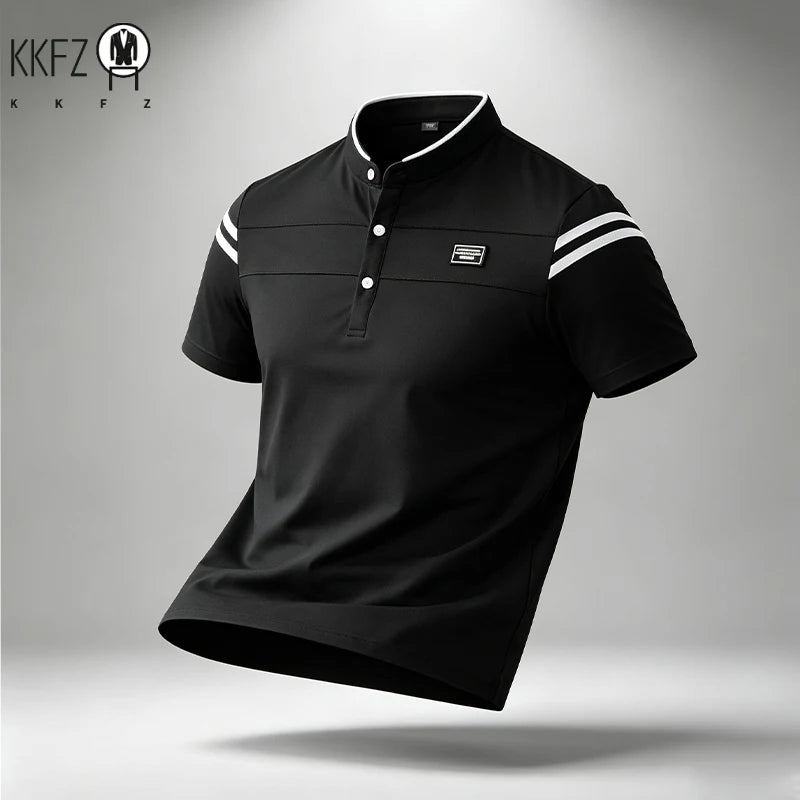Mens Basic Stand Collar Short Sleeve Polo Top Sleeve Stripes Suitable For Vacation Short Trip And Multiple Leisure Scenes