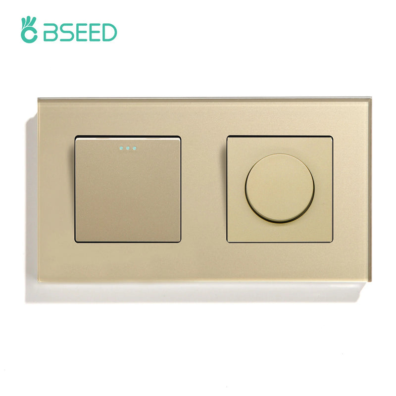 BSEED Mechanical Wall Light Switches 1/2/3Gang 1Way Plus Dimmer Switch Led Dimmable Switch EU Standard Glass Frame 10A