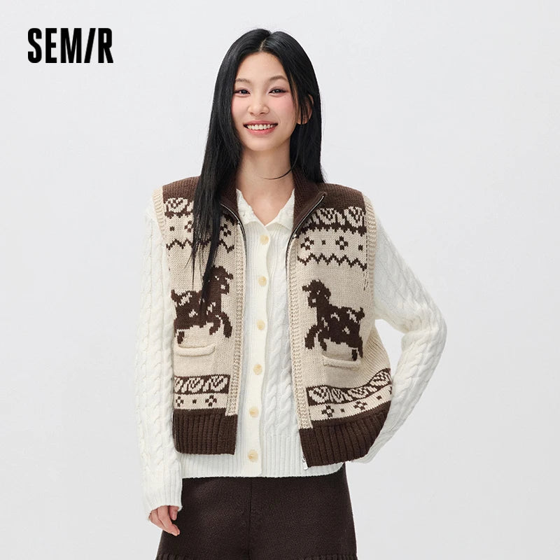 Semir Women Winter Vest Cropped Stand Collar Jacquard Loose Fit Layering Modern Style 2026 New Winter Daily Wear
