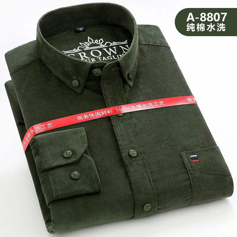 Spring Men's Yellow Long-Sleeve Shirt, Corduroy Collared Shirts, Asian Sizes, Available in Blue, Red, Gray, and Green.