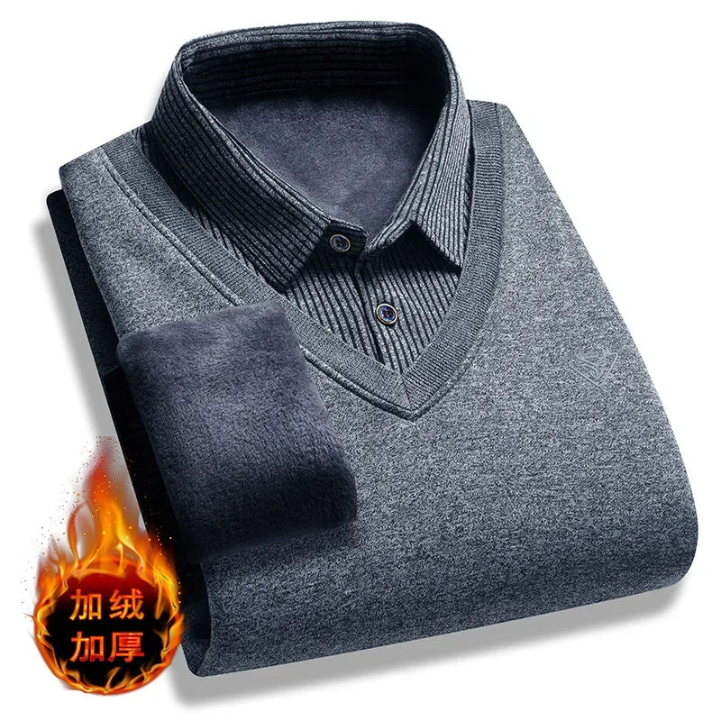 Cold Weather Mens Fake Waistcoat Sweater Soft Fleece Lining Vertical Striped Long Sleeve Collared Knit Workplace Inner Shirt