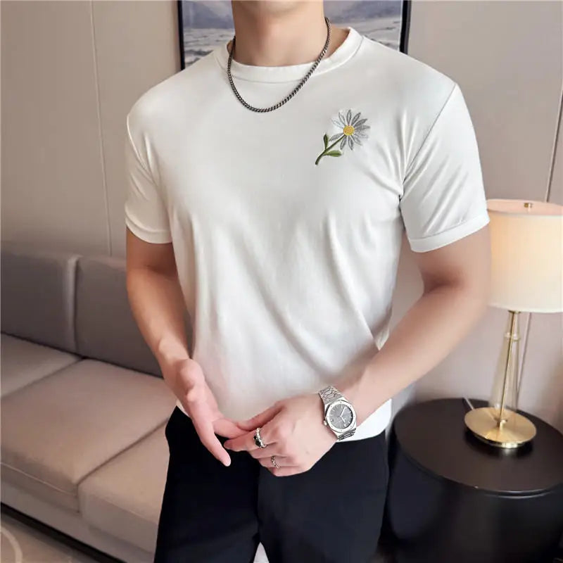 Men's Cotton T-Shirt - Summer Slim Fit Floral Embroidered Tee | 95% Cotton Stretch Crew Neck Casual Top for Youth