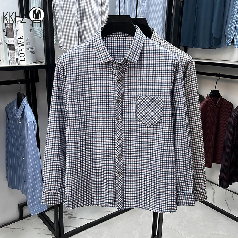 Men's Lapel Collar Plaid Shirt Long Sleeve Lightweight Fabric Breathable Casual Business Daily Wear Comfortable