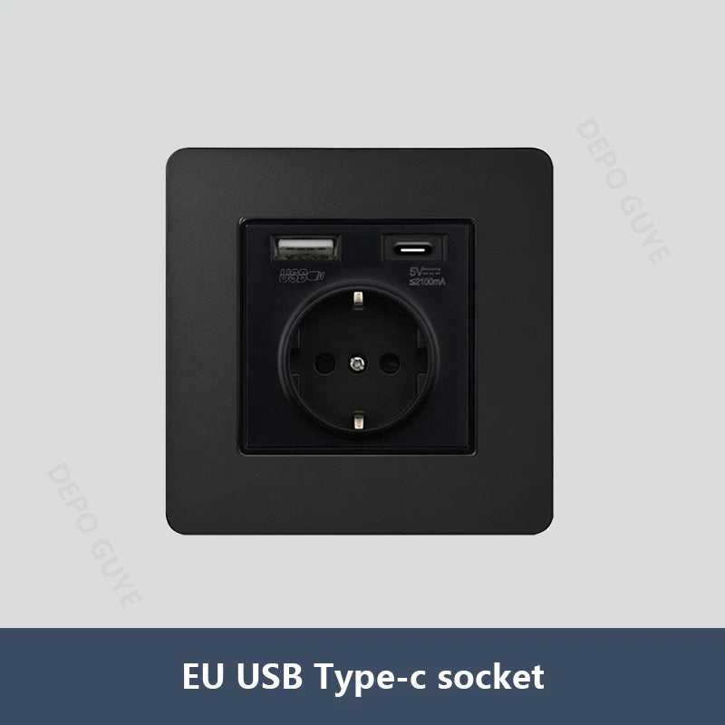 Black Vintage Toggle EU FR Lamp Switch Socket,Retro Brass Lever Light Switch Univeral Stainless Steel Dual Wall Socket With USB