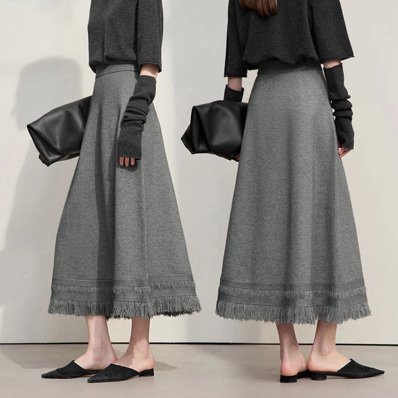 AMII Women's Skirt 2026 Winter Minimalist Solid Color Tassel A-Line Long Skirts For Women Loose Knitted Clothing Female 12544018