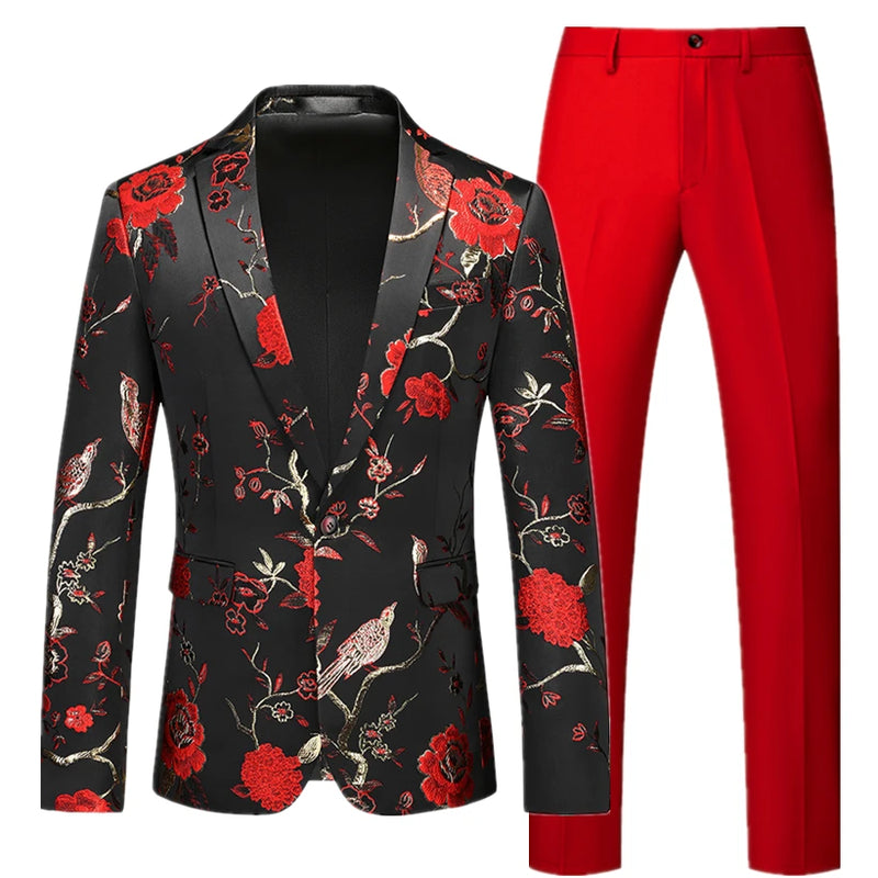 2026 Men's Two-Piece Set, Wedding Party Jacket and Trousers in Black with Red Flowers Jacquard Fabric Slim Fit Men Coat & Pants.