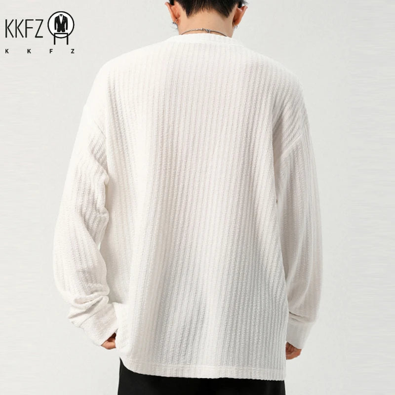 Daily Urban Henley Shirt Men Long Sleeve Split Notch Neck Vertical Texture Soft Fabric Basic Fashion Outer Garment