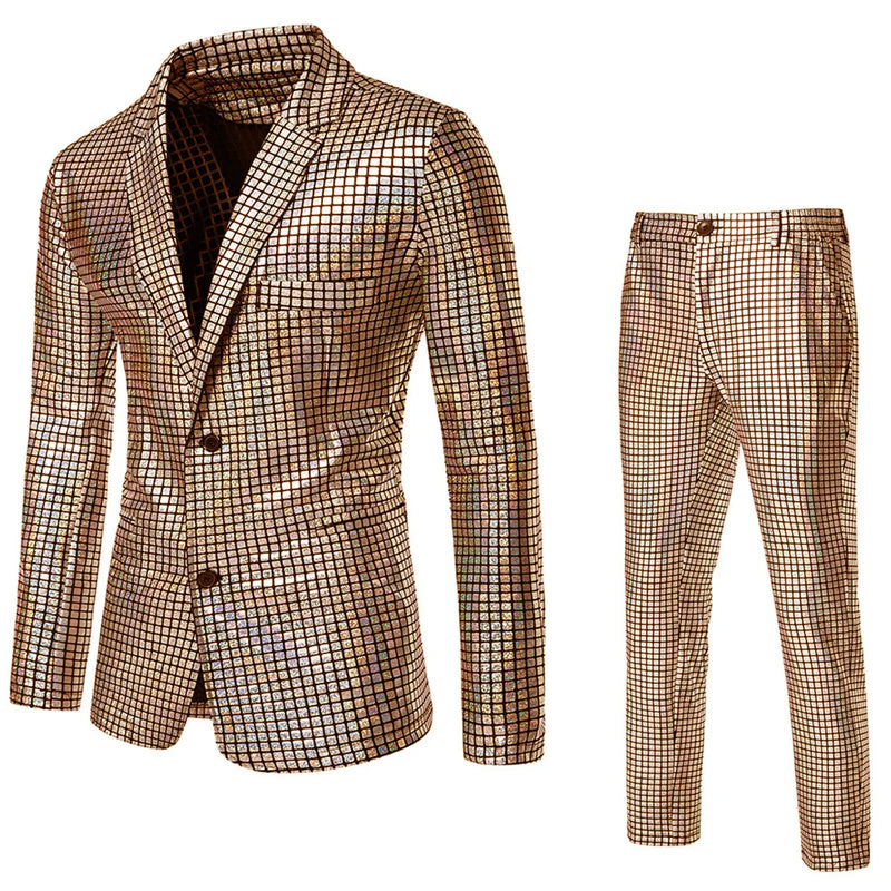 2026 Rainbow Color Men's Striped Suit Two-Piece, Fashion Suit Jacket and Pants, Green Silver Sets (Light Thin Stretch Fabrics)