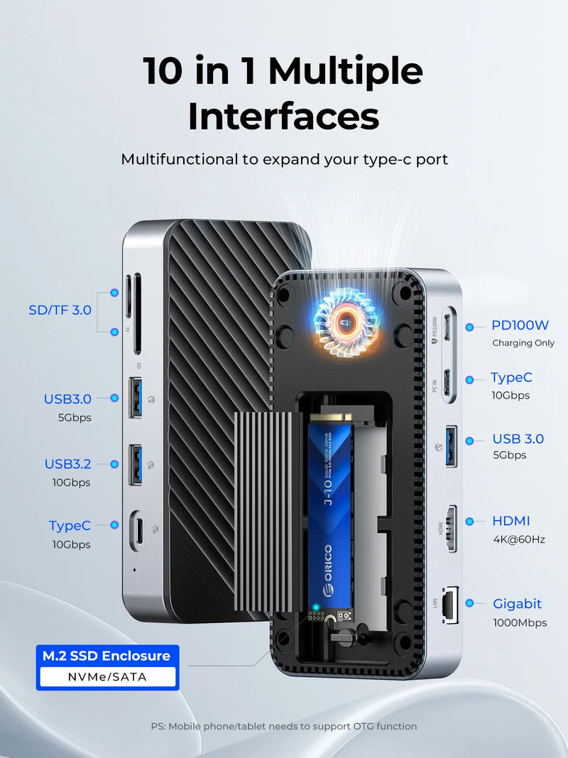ORICO M.2 NVMe SATA SSD Enclosure Type-C HUB with Cooling Fan External 10Gbps 4K 60Hz HDMI-Com RJ45 SD/TF Docking Station