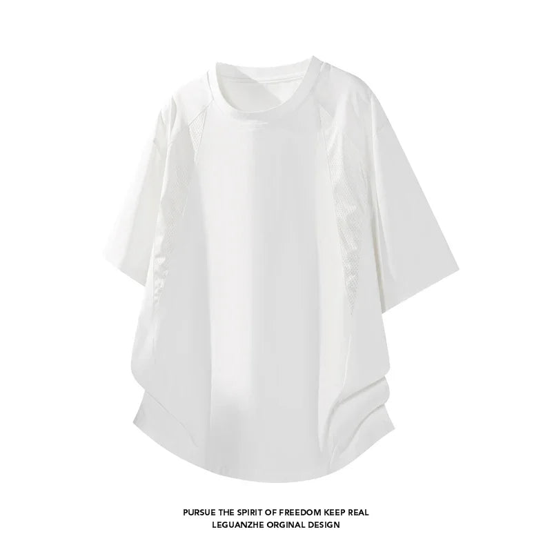 Mens Loose Curved Hem Athletic Top Raglan Short Sleeve Mesh Spliced Quick Dry T Shirt For Gym Training Travel Outdoor Scenarios