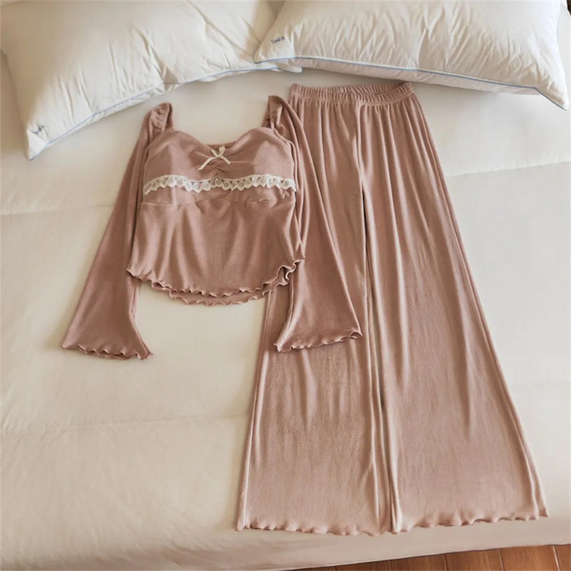 New Sleepwear Women's Spring/Autumn Chest Pad Pajama Long-Sleeved Top and Trousers Loungewear Set Nightwear for Woman Home Wear